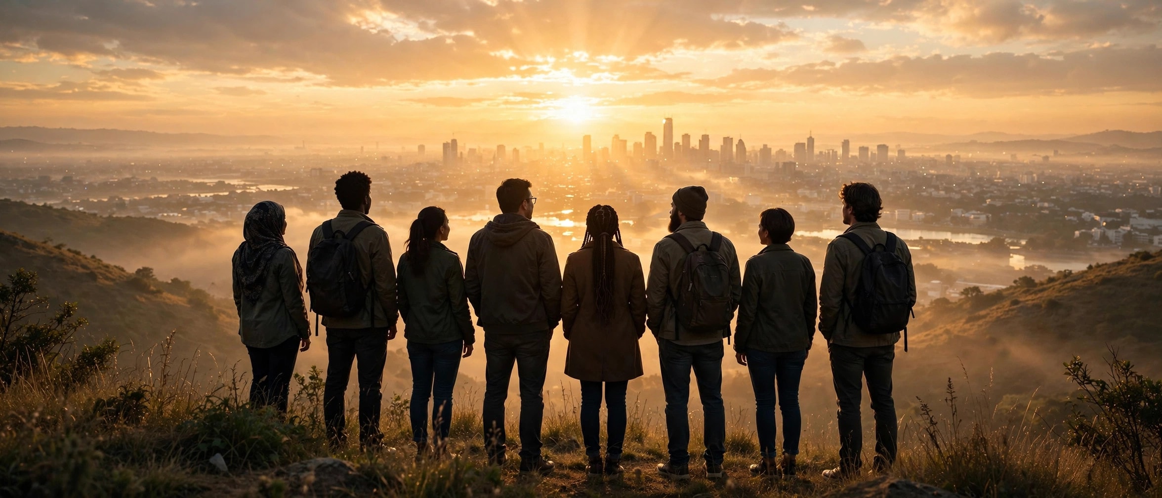 Humanity Rising — diverse group silhouetted against a golden cityscape at sunrise